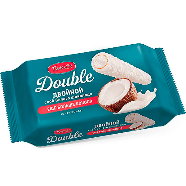 Трубочки вафельные TWIGGY DOUBLE с кокосом в белом шоколаде 185г.